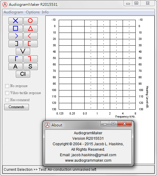AudiogramMaker 軟體畫面及「關於」對話方塊畫面