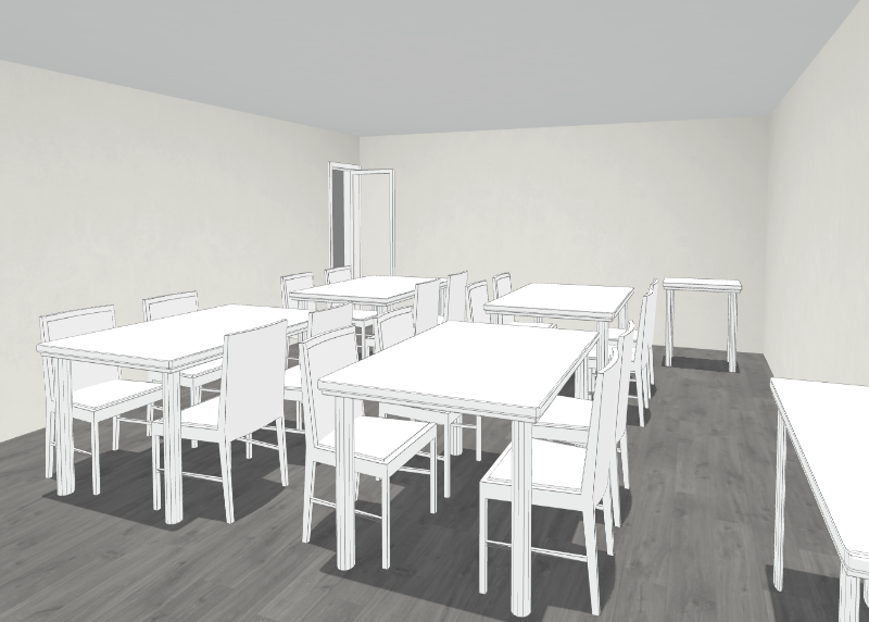 範例個案的職場會議室 3D 模型，視角調整為近似空會議室照片的拍攝角度