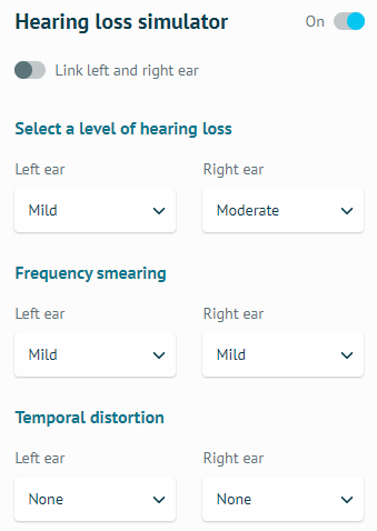 level of hearing loss 調整為左耳 Mild、右耳 Moderate，Frequency smearing 雙耳都調整為 Mild，Temporal distortion 雙耳都保持在 None