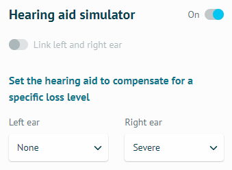 啟動 Hearing aid simulator，在 Set the hearing aid to compensate for a specific loss level 把 Left ear 調整成 None，然後把 Right ear 調整成 Severe