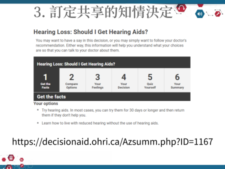 「Hearing Loss: Should I Get Hearing Aids?」工具，網址 https://decisionaid.ohri.ca/Azsumm.php?ID=1167