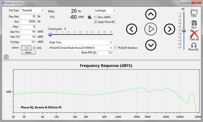 Earful 頻率響應視窗中呈現 Bowers & Wilkins P5 耳機的 EQ 校正曲線