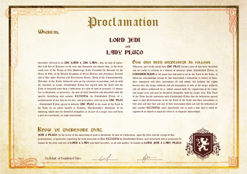 Certificate (Proclamation) of Lord Jedi and Lady Pluto