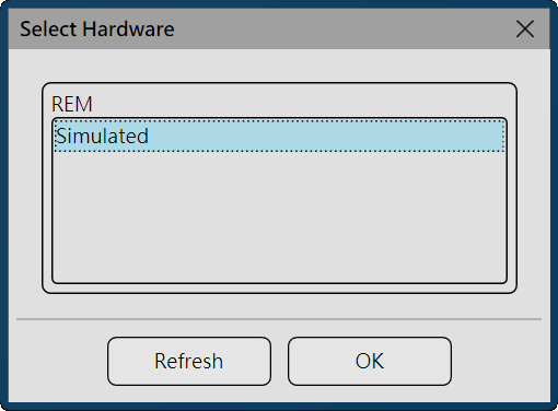 MedRx Studio 選擇 REM 設備硬體對話窗，畫面中只呈現一個 Simulated 選項