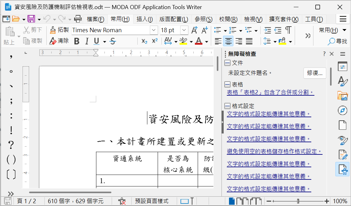 MODA ODF Application Tools Writer 開啟「資安風險及防護機制評估檢視表.odt」檔案,在「無障礙檢查」面板中列出一連串的錯誤及警告