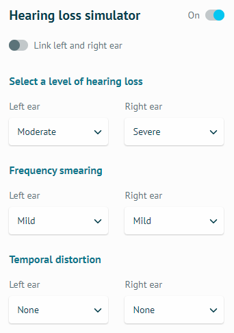 level of hearing loss 調整為左耳 Moderate、右耳 Severe，Frequency smearing 雙耳都調整為 Mild，Temporal distortion 雙耳都保持在 None