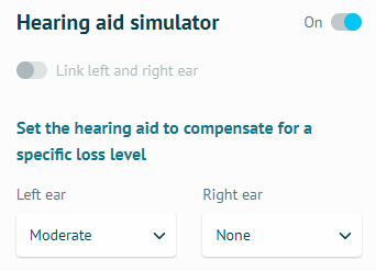 啟動 Hearing aid simulator，在 Set the hearing aid to compensate for a specific loss level 把 Left ear 調整成 Moderate，至於 Right ear 則保持在 None